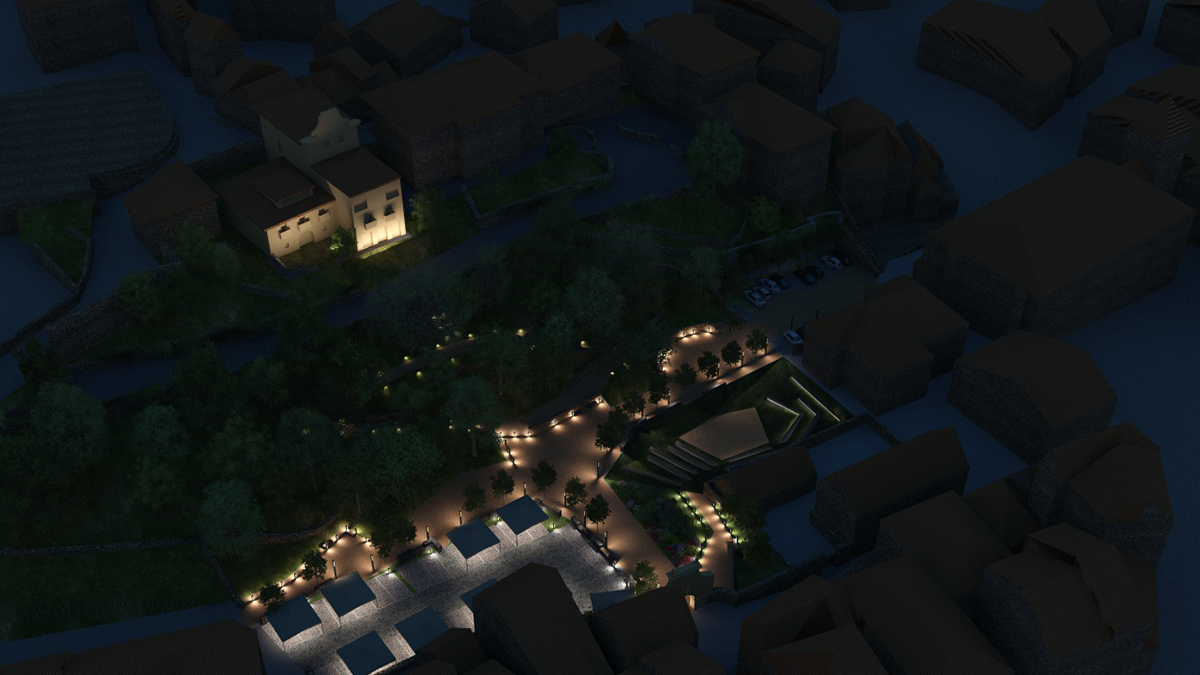 Test night aerial render image of urban park in Comillas by GAYARRE infografia
