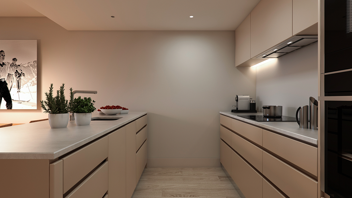 Kitchen render view of a detached house in Benasque by GAYARRE infografia