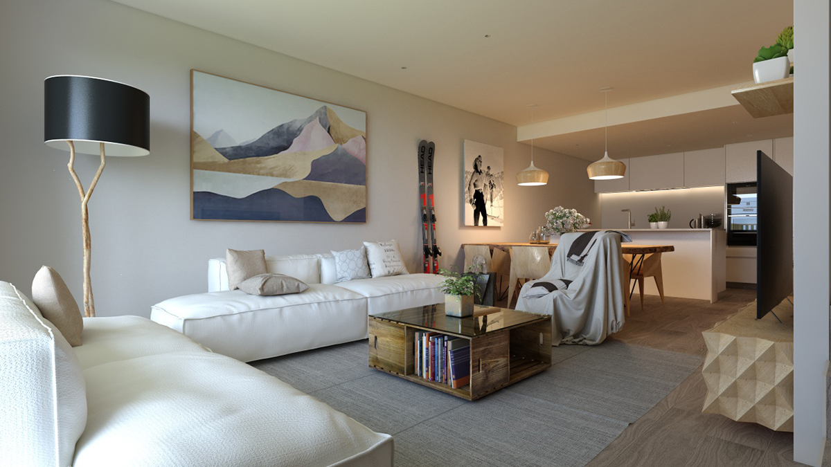 Render living room view of a mountain house in Benasque