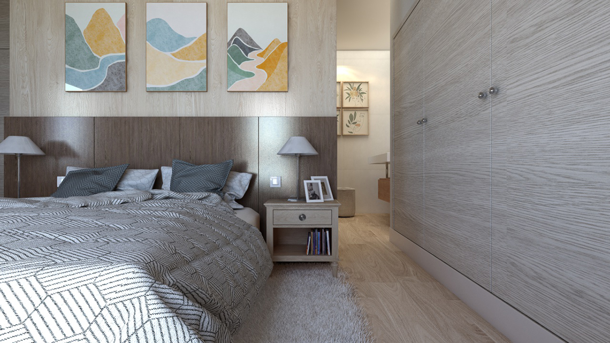 Render bedroom view of a mountain house in Benasque