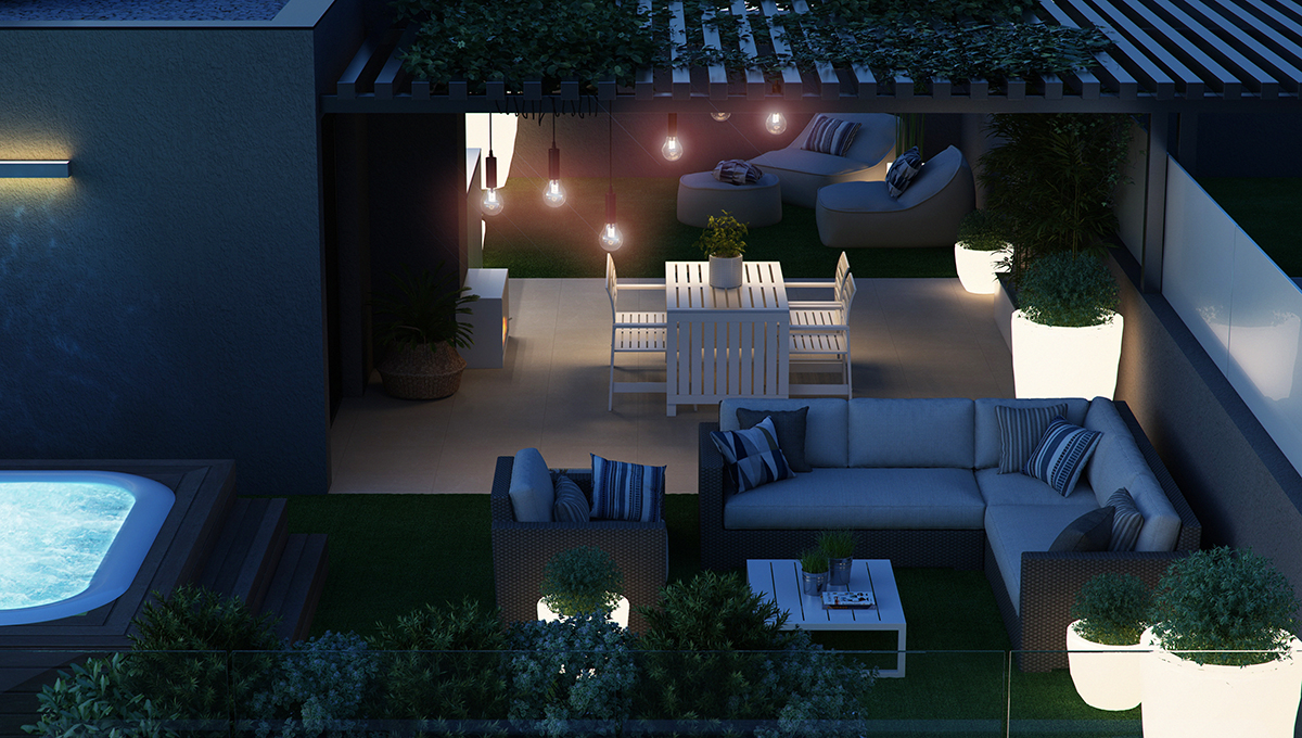 Exterior render night view of the penthouse terrace