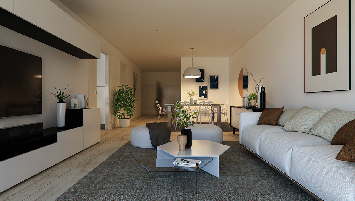 Interior render view of the living room