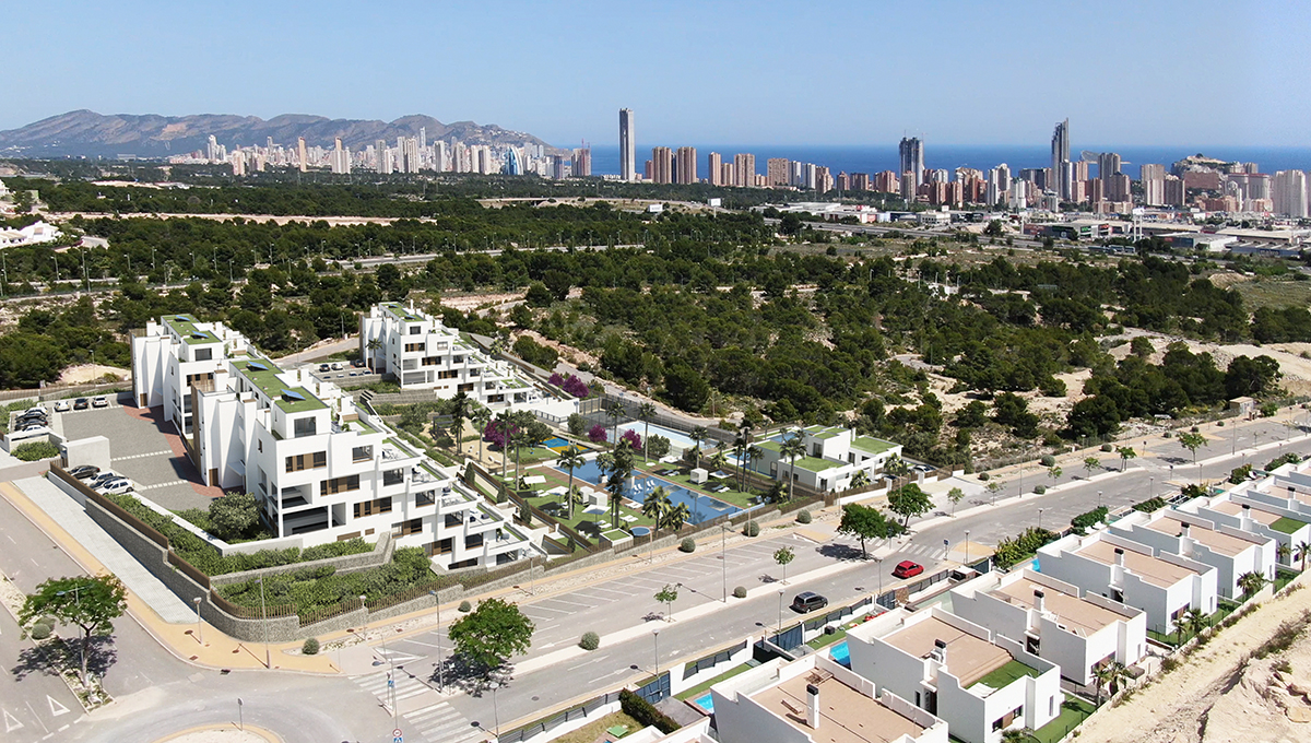 Exterior render aerial dron view of the condominium