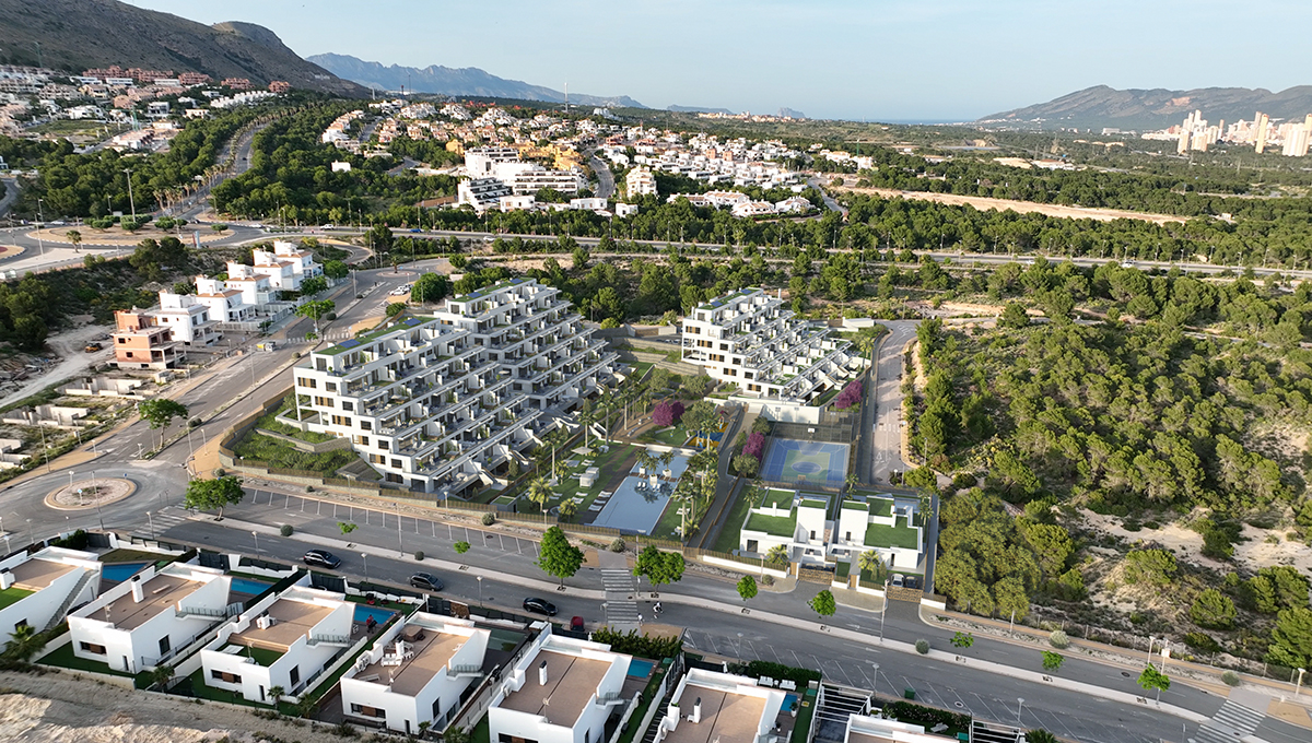 Exterior render aerial dron view of the condominium