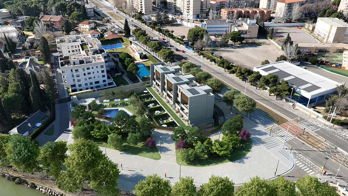 Render photomontage aerial of the condominium with the surrondings