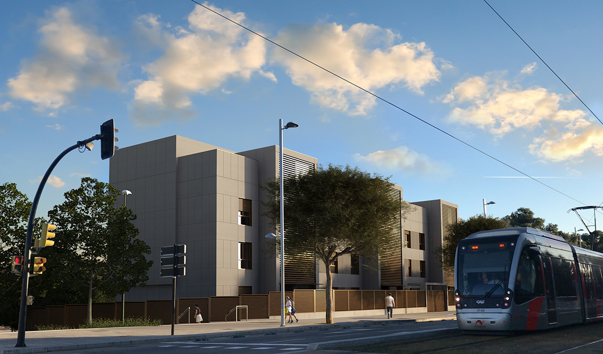 Render photomontage of the condominium with the tram with trees