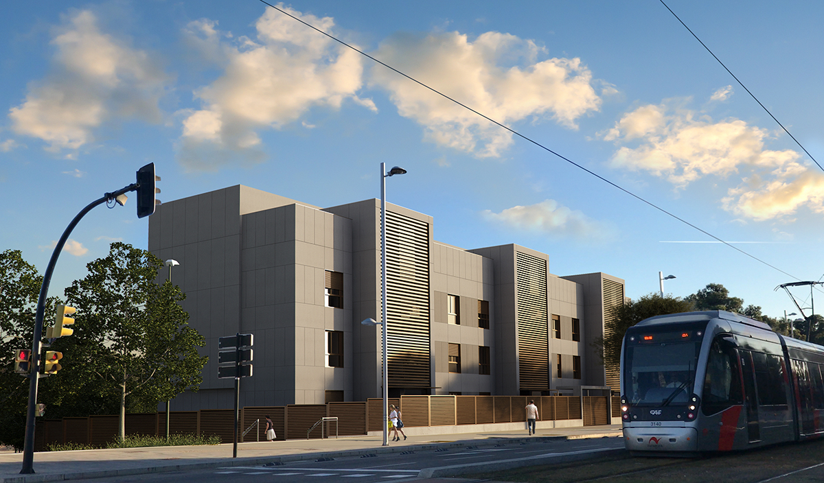 Render photomontage of the condominium with the tram without trees