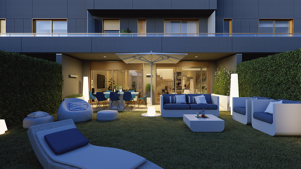 Exterior night render of the private garden.