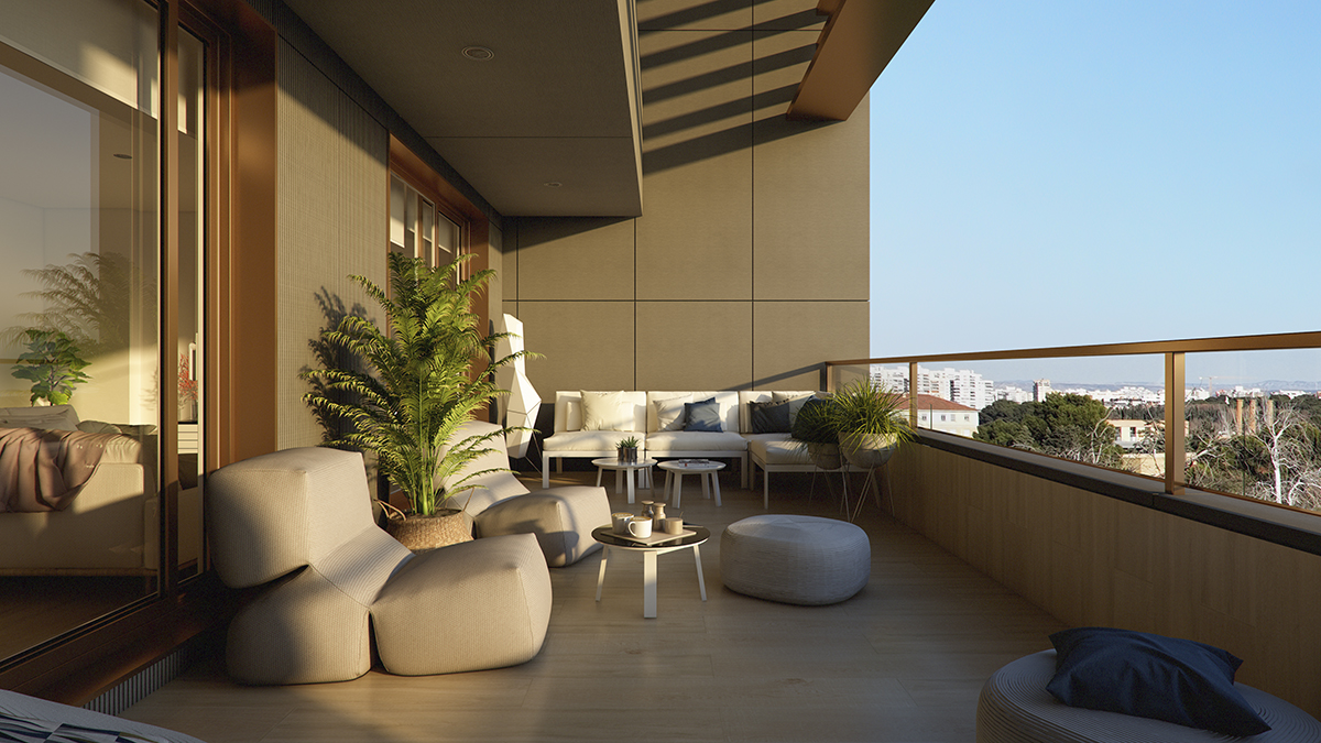 Exterior render of the terrace at sunset.