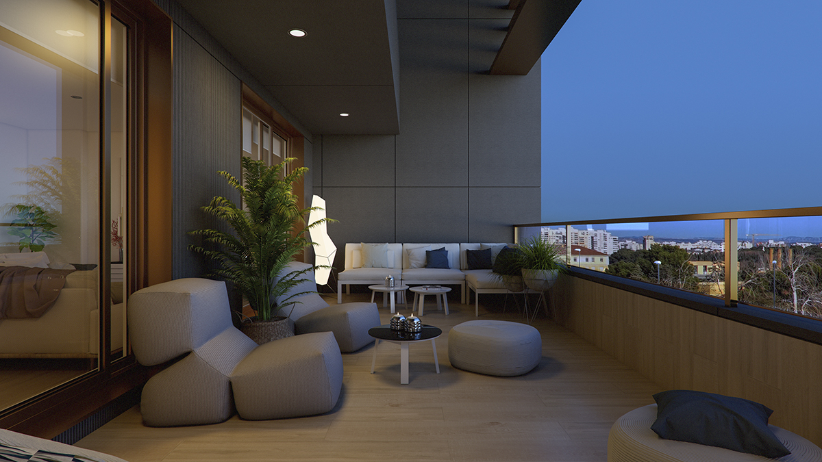 Exterior render of the terrace at night.