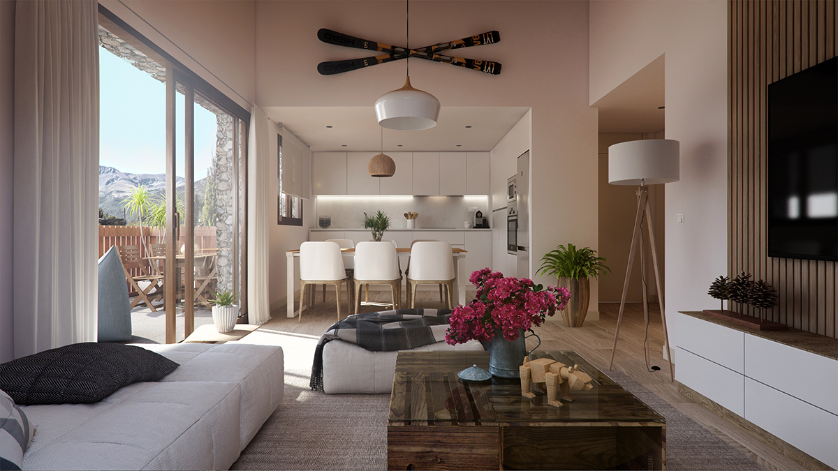 Interior render of the living room - kitchen