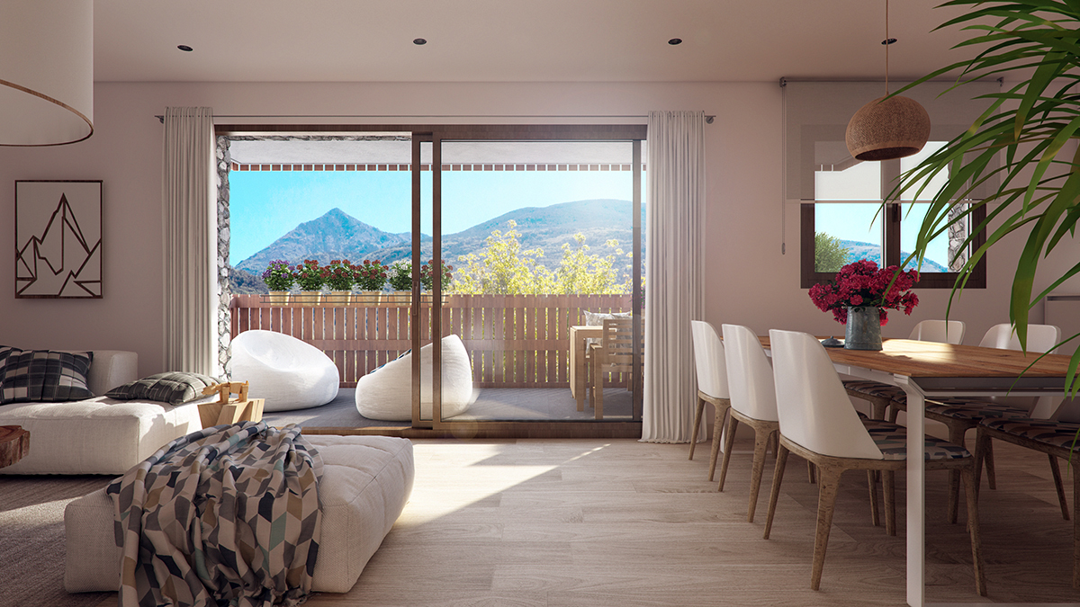 Interior render of the living room looking at the landscape