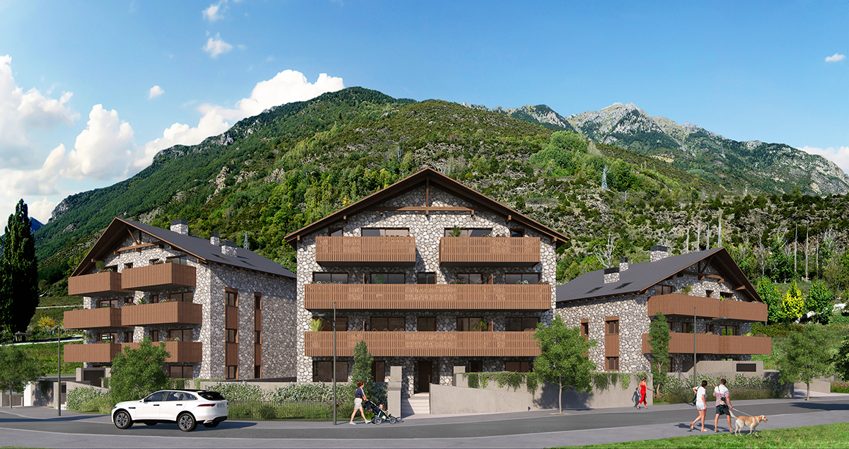 Exterior render of the 3 blocks of apartments with the mountains behind