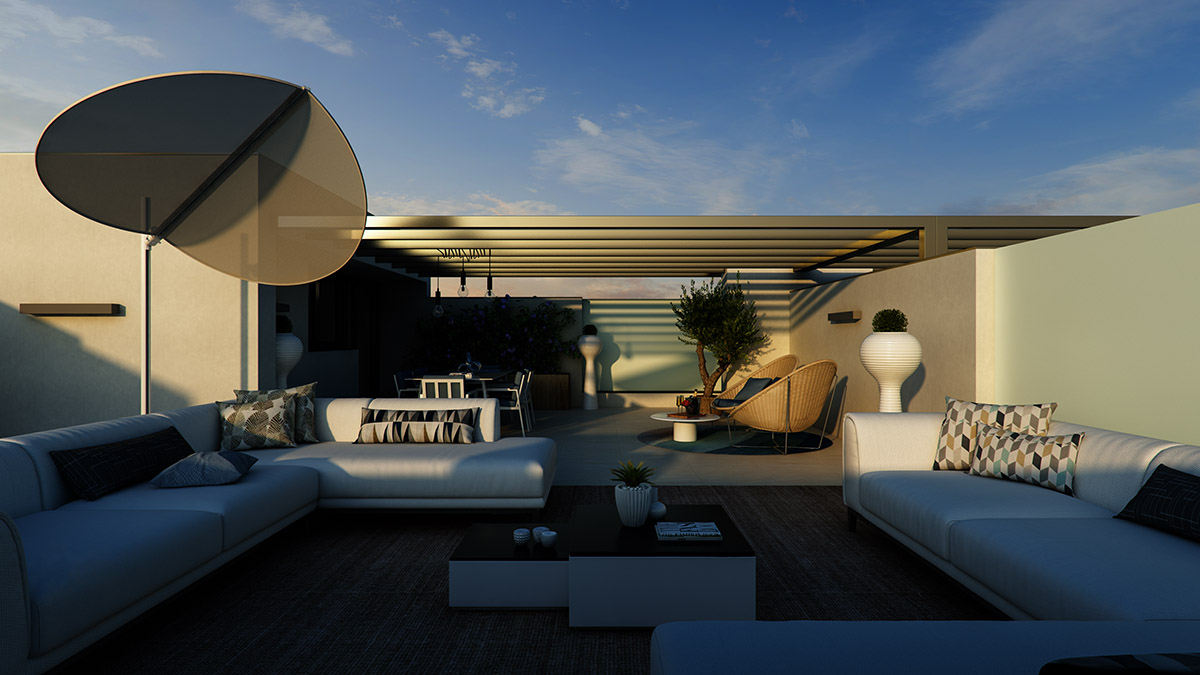 Exterior render of the penthouse on sunset