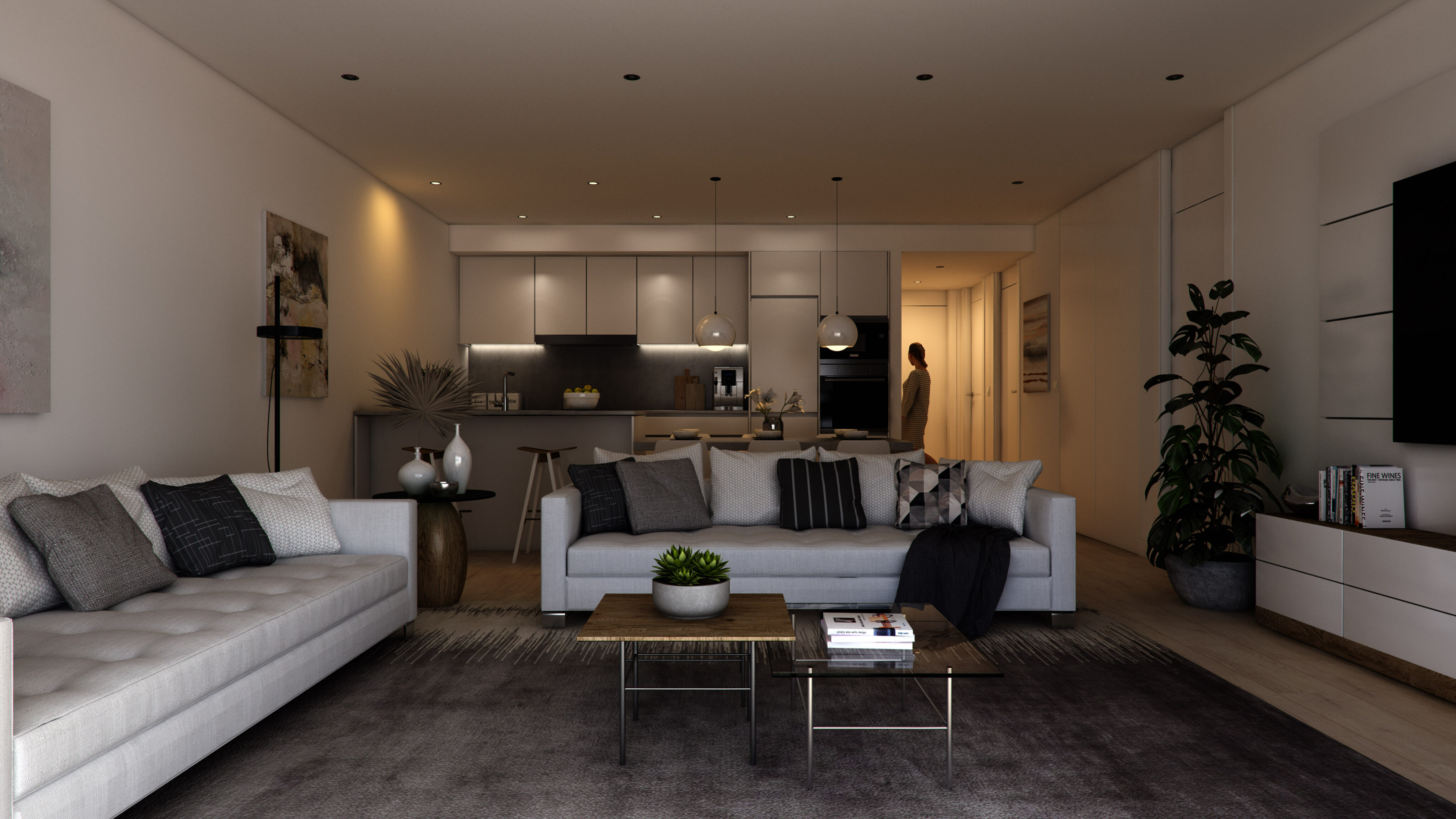 Interior render of the living + kitchen
