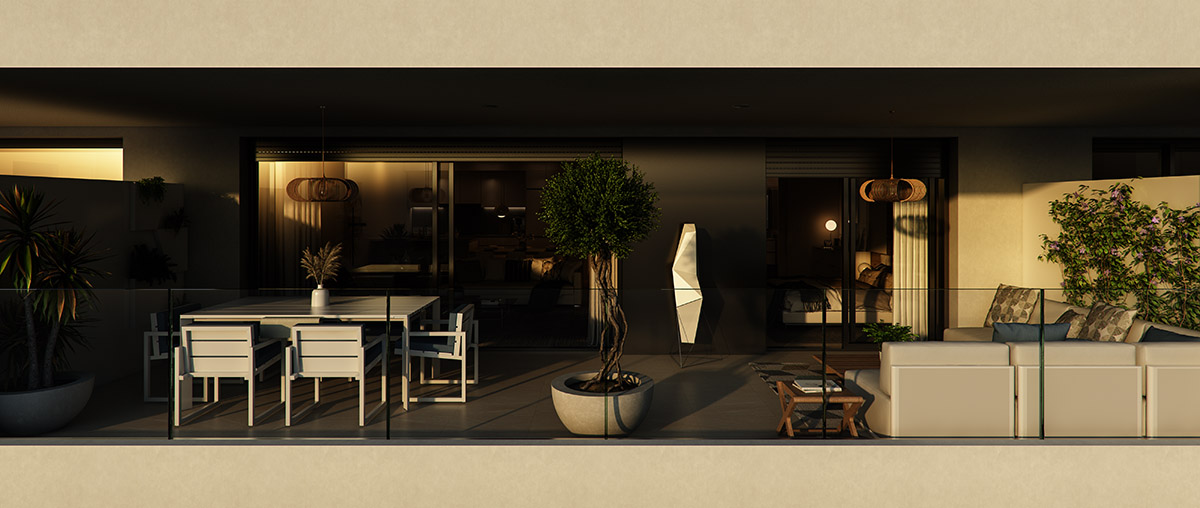 Exterior render of the terrace sunset view