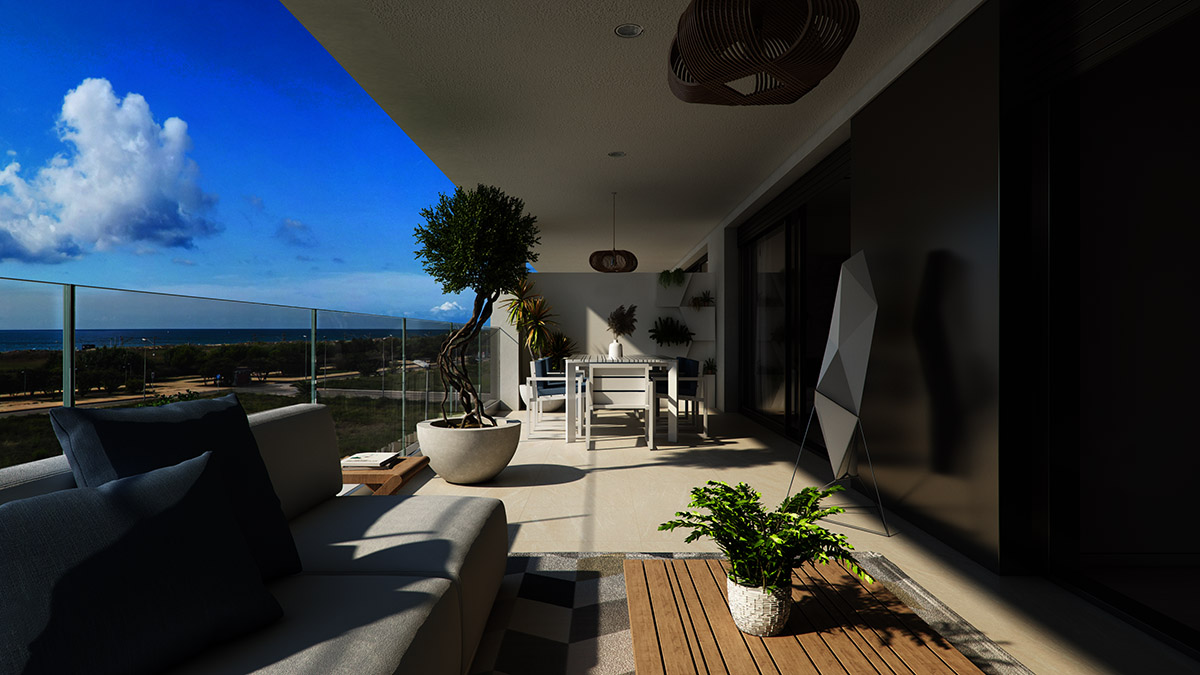 Exterior render of the terrace looking at the sea